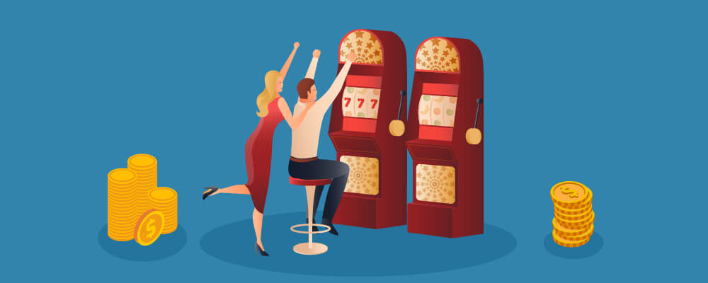 Man and woman gambling responsibly cheering for winning jackpot on slots